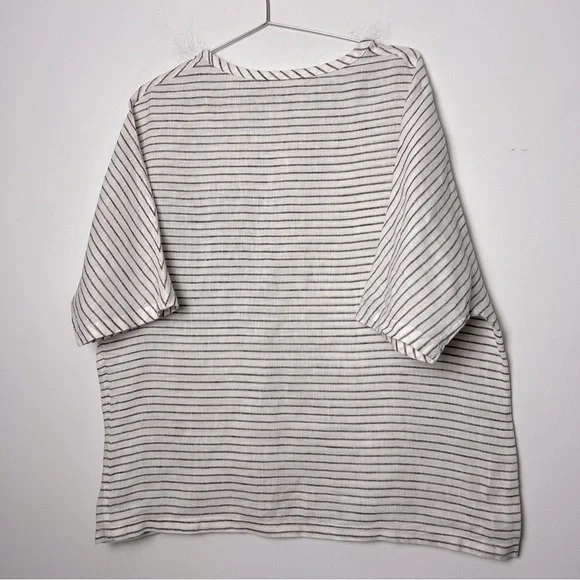 thesalting 100% Linen Striped White and Black Flap Pocket Minimalist Modern Top - Picture 8 of 13